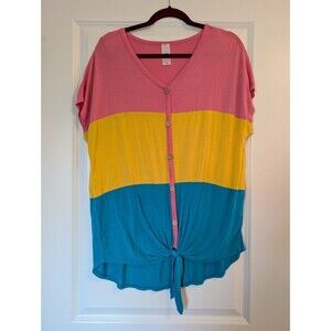 Pink Coconut Boutique Colorblock Tie Front Short Sleeve Shirt Women's Size Small